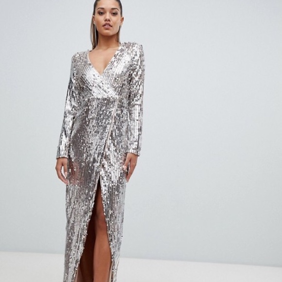 club l rainbow sequin wrap front maxi dress